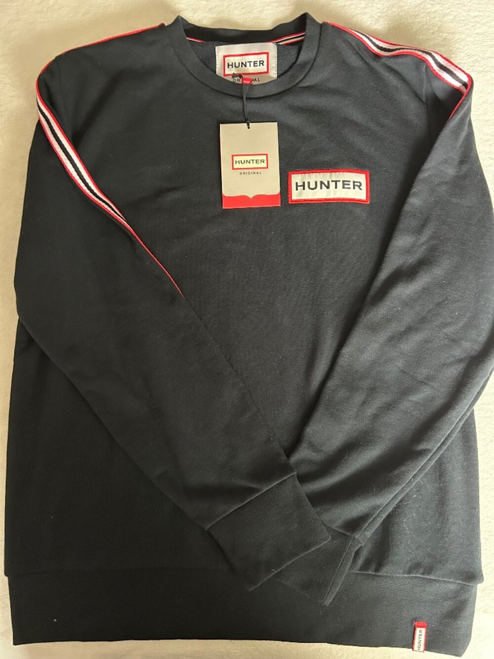 NWT Hunter Original Men's Campus Crewneck Sweatshirt Black Striped Sleeve Size L